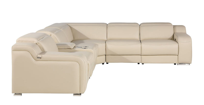 Italian Leather Power Reclining Curved Six Piece Corner Sectional With Console - Beige