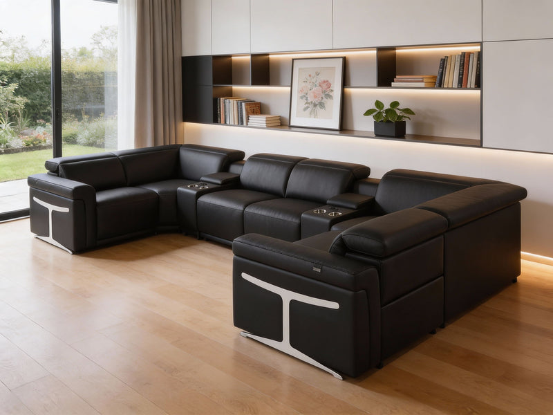 Leather Power Reclining U Shaped Eight Piece Corner Sectional With Console - Black