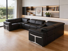 Load image into Gallery viewer, Leather Power Reclining U Shaped Eight Piece Corner Sectional With Console - Black
