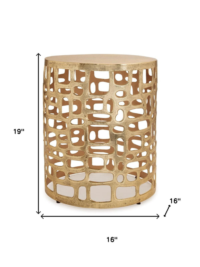 Modern Abstract Cut Out Round Drum End Table - Gold