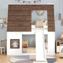 Load image into Gallery viewer, Wood Twin Size House Bunk Bed With Roof, Ladder And Slide - White / Brown
