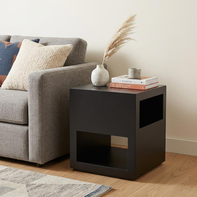 Square Block End Table With Two Shelves - Black