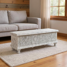 Load image into Gallery viewer, 54" Solid Wood Medallion Storage Ottoman - White
