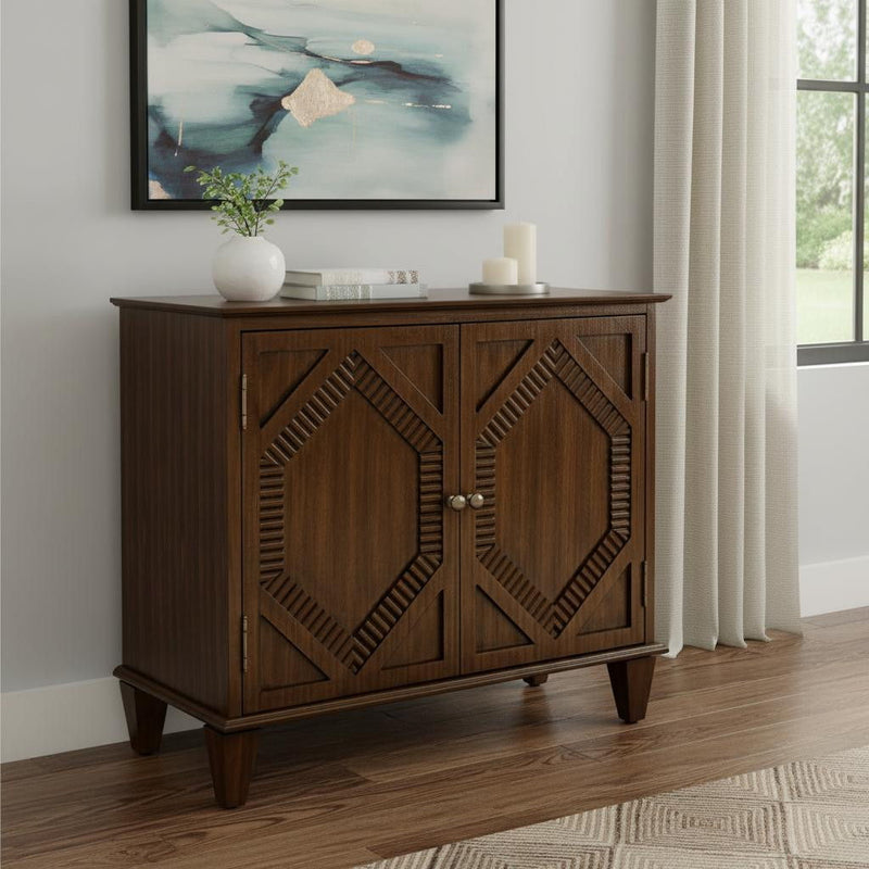 Wood Carved Geometric Accent Cabinet With Two Doors - Brown