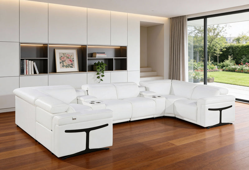 Italian Leather Power Reclining U Shaped Eight Piece Sectional With Console - White