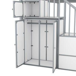 Metal Twin over Twin Castle-shaped Bunk Bed with Wardrobe and Multiple Storage, Gray+White