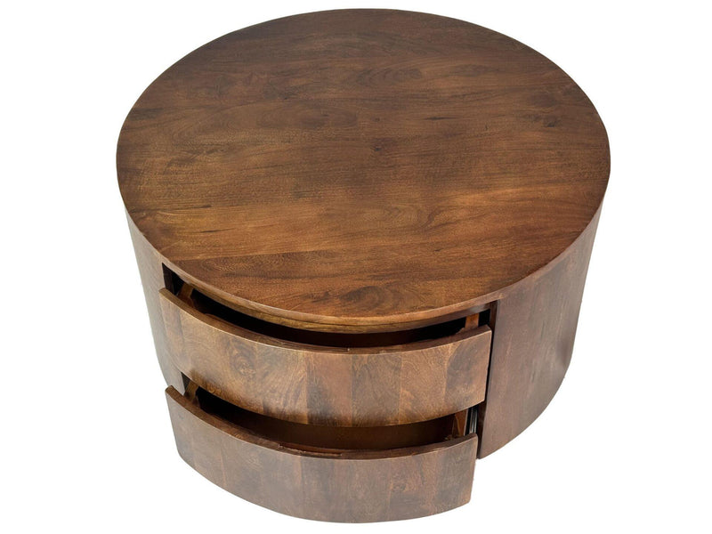 Round Drum Coffee Table With Two Drawers - Chestnut