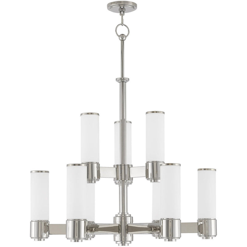 Nine Light Metal Dimmable Chandelier With Shades - Nickel / Opal