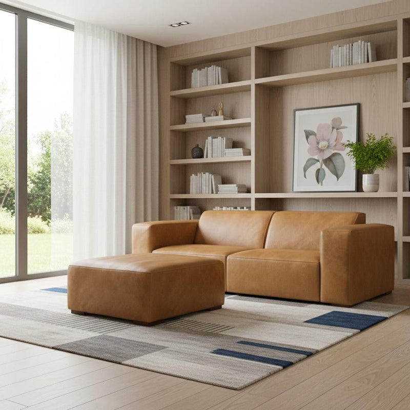 88" 2 Piece Living Room Set Sienna Leather Sofa With Ottoman With Brown Legs - Brown