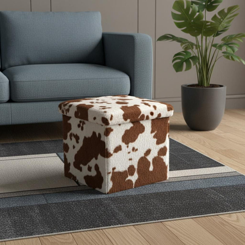Plastic Cow Print Storage Ottoman - White / Brown