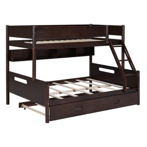 Wood Twin over Full Bunk Bed with Storage Shelves and Twin Size Trundle, Espresso