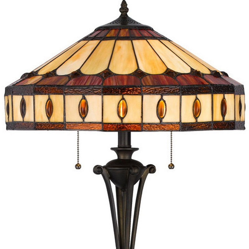 Two Light Traditional Shaped Floor Lamp With Purple And Ivory Abstract Tiffany Glass Empire Shade - Bronze