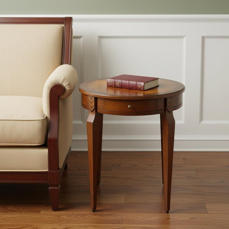 Manufactured Wood Round End Table With Drawer - Medium Brown And Olive Ash