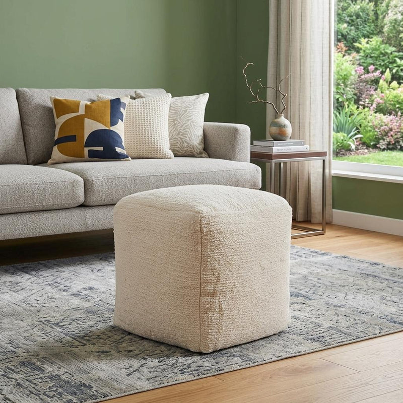 Cotton Blend Cube Pouf Ottoman - Beige And Natural
