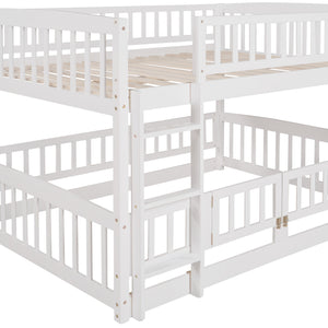 Bunk Bed with Slide,Full Over Full Low Bunk Bed with Fence and Ladder for Toddler Kids Teens White