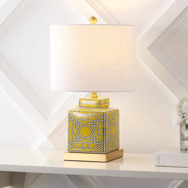 Square Table Lamp LED With Drum Shade - Yellow