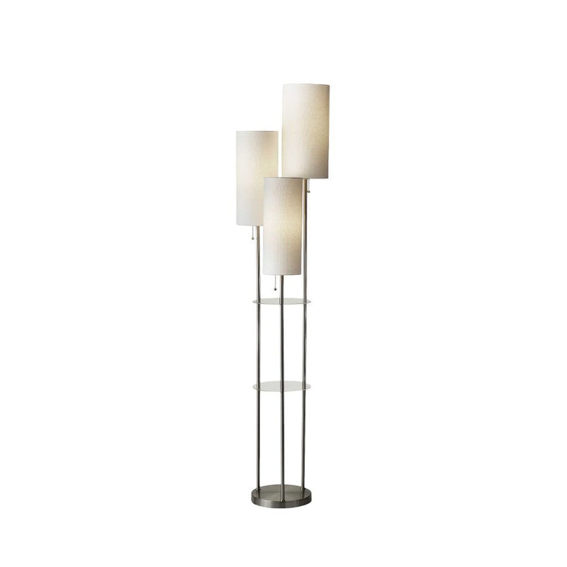Steel Three Light Floor Lamp With Linen Cylinder Shades - White / Silver