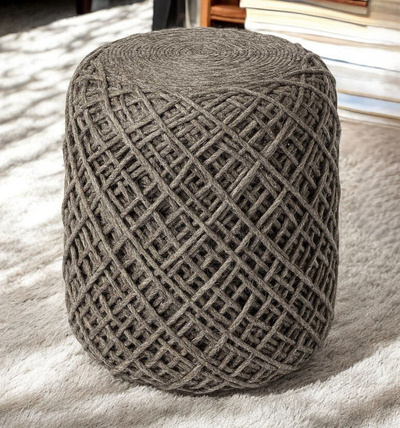 Wool Cylindrical Pouf With Diamond Pattern - Brown