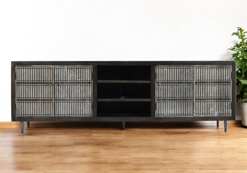 92" Carved Geometric Distressed Solid Wood Enclosed And Open Storage TV Stand - Dark Brown