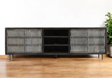 Load image into Gallery viewer, 92" Carved Geometric Distressed Solid Wood Enclosed And Open Storage TV Stand - Dark Brown
