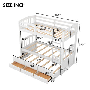 Twin over Twin Wood Bunk Bed with Trundle and Drawers,White