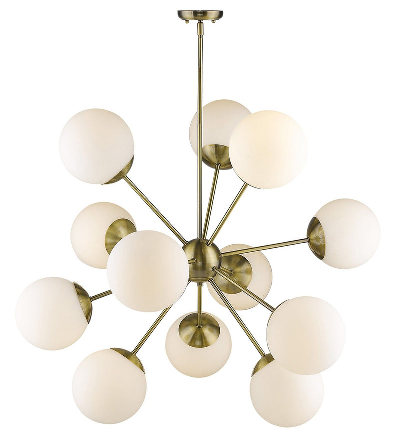Sputnik Twelve Light Frosted Metal Dimmable Chandelier With White Shades - Brass / White