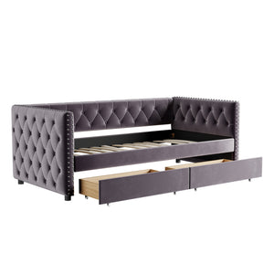 Sofa bed with drawers, modern velvet upholstered sofa bed with button tufted sofa bed frame with double drawers, bedroom living room furniture, Grey(83.47''x42.91''x30.71''')