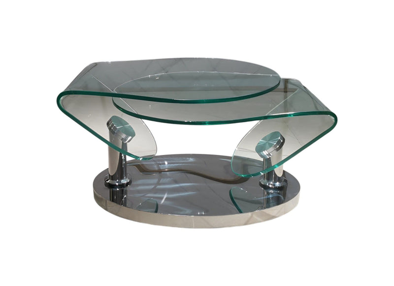 30" Glass And Metal Oval Abstract Coffee Table - Clear And Silver