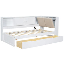 Load image into Gallery viewer, L-Shaped Daybed Corner Bed Under Bed Drawers With Storage Bookcase And Upholstered Headboard And USB Charging Ports
