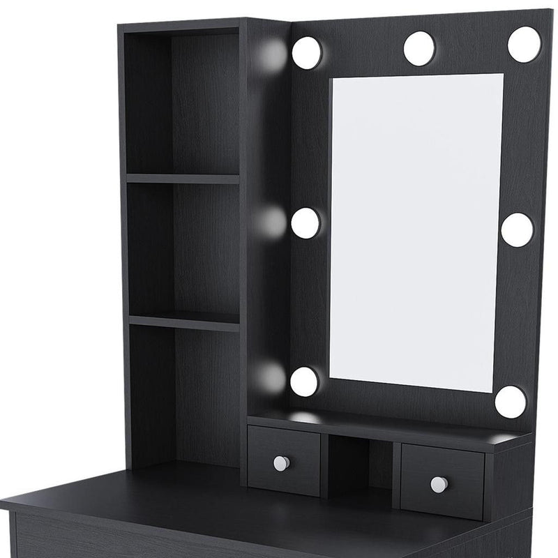 Wood Mirrored Three Drawer Vanity Table Lights - Black