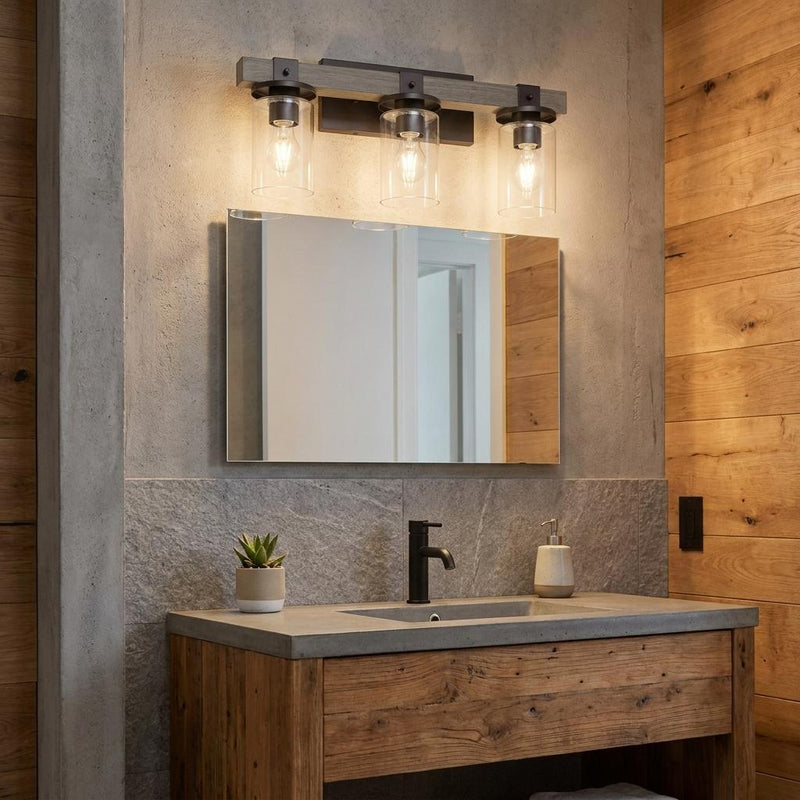 Wood Metal And Glass Three Light Bath Bar Vanity Light - Gray