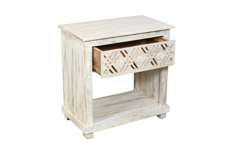 28" Solid Wood Distressed Carved Geometric One Drawer Nightstand - White