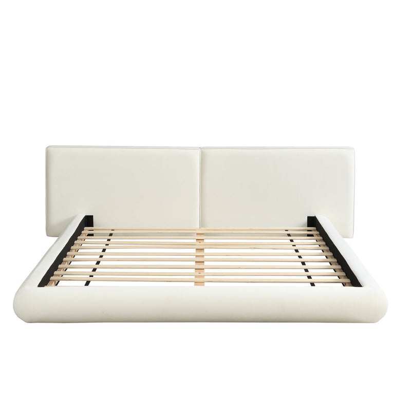 Queen Size Low Profile Platform Bed With Rounded Edges - Cream