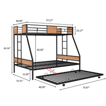 Load image into Gallery viewer, Metal Twin over Full Bunk Bed with Trundle/ Heavy-duty Sturdy Metal/ Noise Reduced/ Safety Guardrail/ Wooden Decoration/ Convenient Trundle / Bunk Bed for Three/ CPC Certified/ No Box Spring Needed
