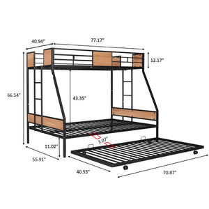 Metal Twin over Full Bunk Bed with Trundle/ Heavy-duty Sturdy Metal/ Noise Reduced/ Safety Guardrail/ Wooden Decoration/ Convenient Trundle / Bunk Bed for Three/ CPC Certified/ No Box Spring Needed