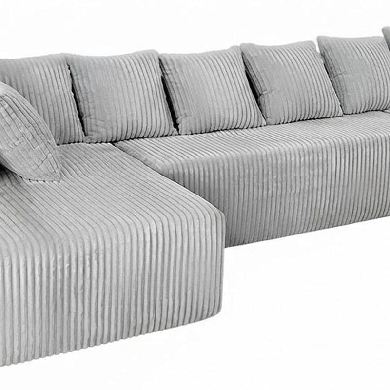 Corduroy Modular U Shaped Three Piece Sofa And Chaise Sectional With Console And Toss Pillows - Gray