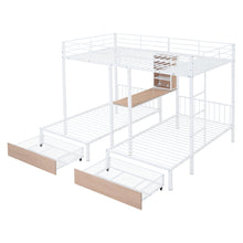 Load image into Gallery viewer, Full Over Twin &amp; Twin Triple Bunk Bed with Drawers, Multi-functional Metal Frame Bed with desks and shelves in the middle, White
