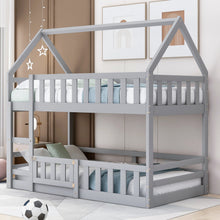 Load image into Gallery viewer, Twin over Twin House Bunk Bed with Fence and Door, Gray
