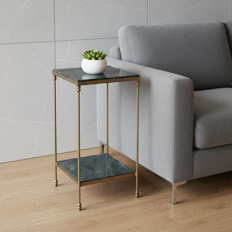 24" Marble And Iron Square End Table With Shelf - Green And Gold