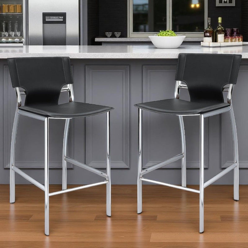 29" Metal And Faux Leather Low Back Bar Height Bar Chairs (Set of 2) - Black