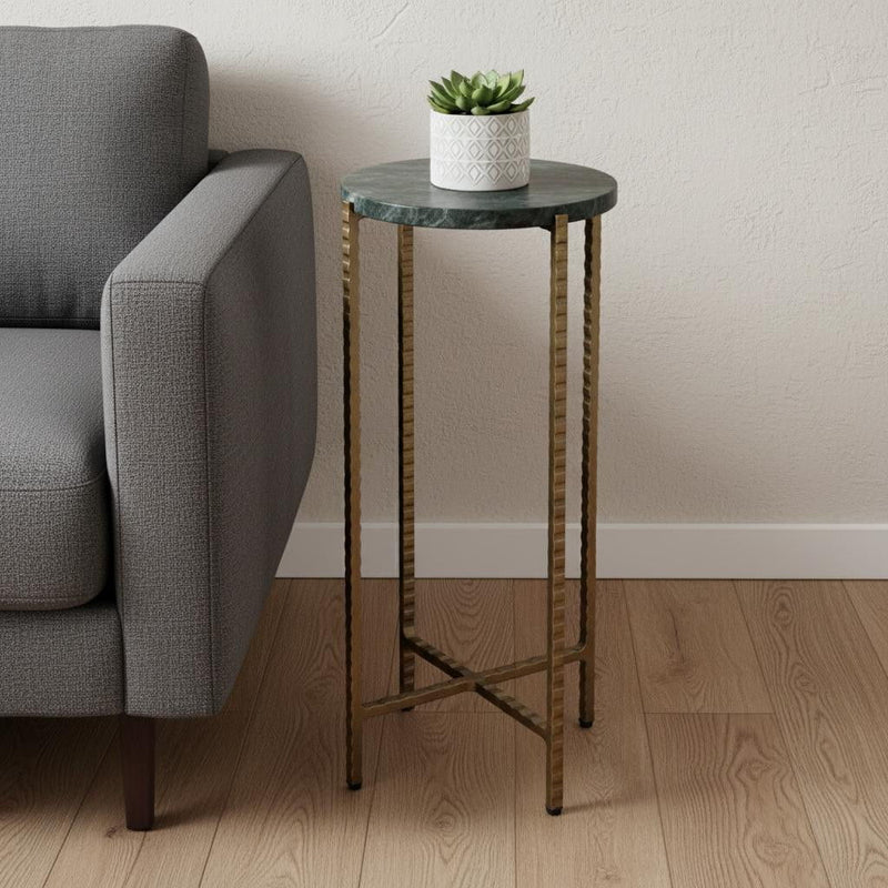 21" Marble And Iron Round End Table - Green And Gold