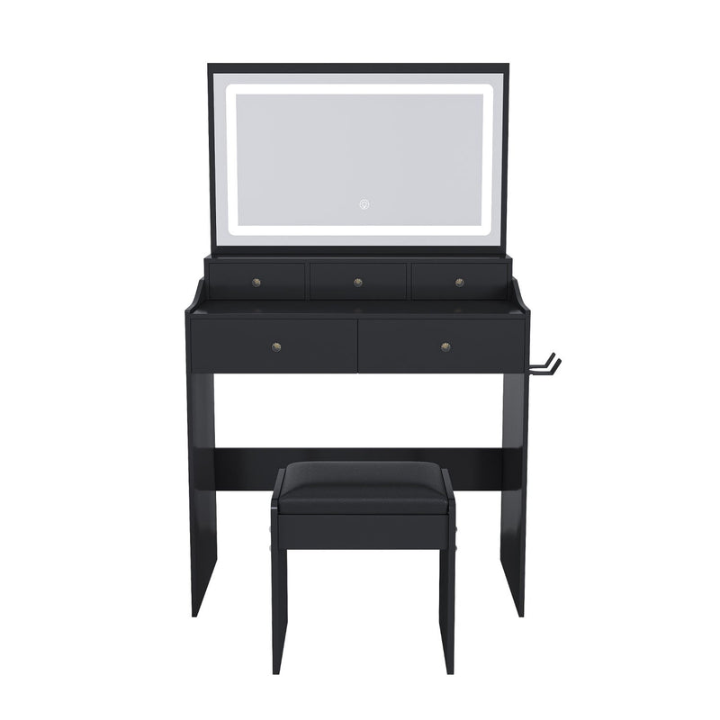 30" Wood Lighted Vanity Five Drawer Dresser - Black