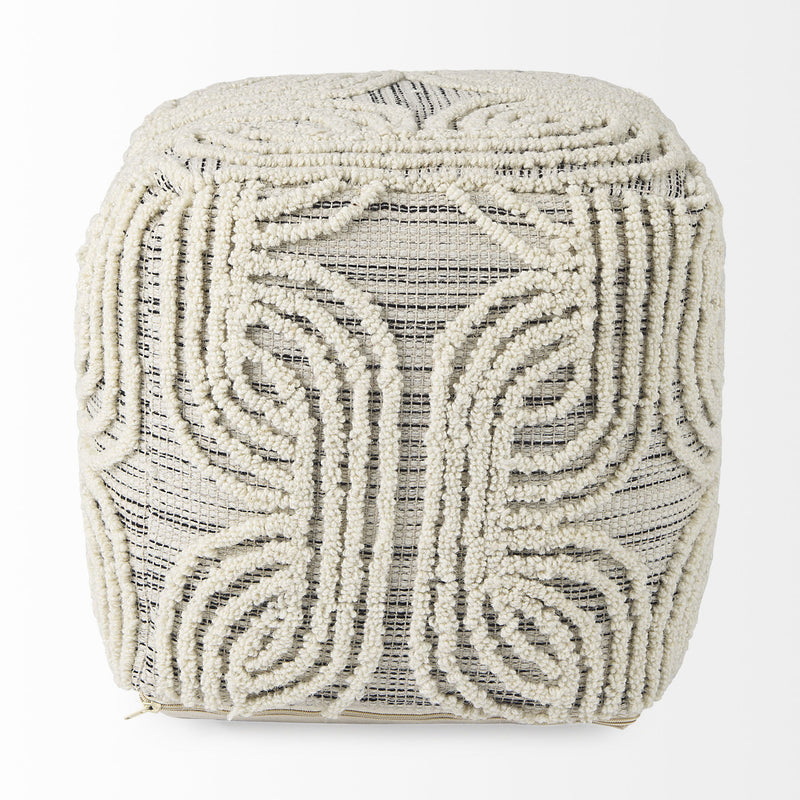 Fabric Geometric Round Pouf Ottoman - Gray / Beige