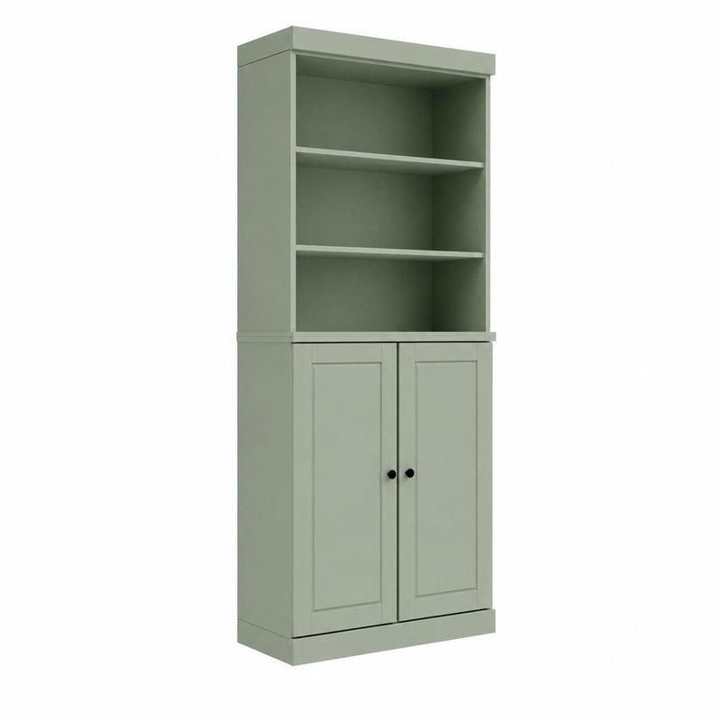 Solid Wood Adjustable Six Tier Library Bookcase With Two Doors (745687) - Sage