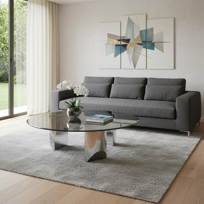 Glass Stainless Steel Round Coffee Table - Black / Silver