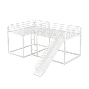 Full and Twin Size L-Shaped Bunk Bed with Slide and Short Ladder, White