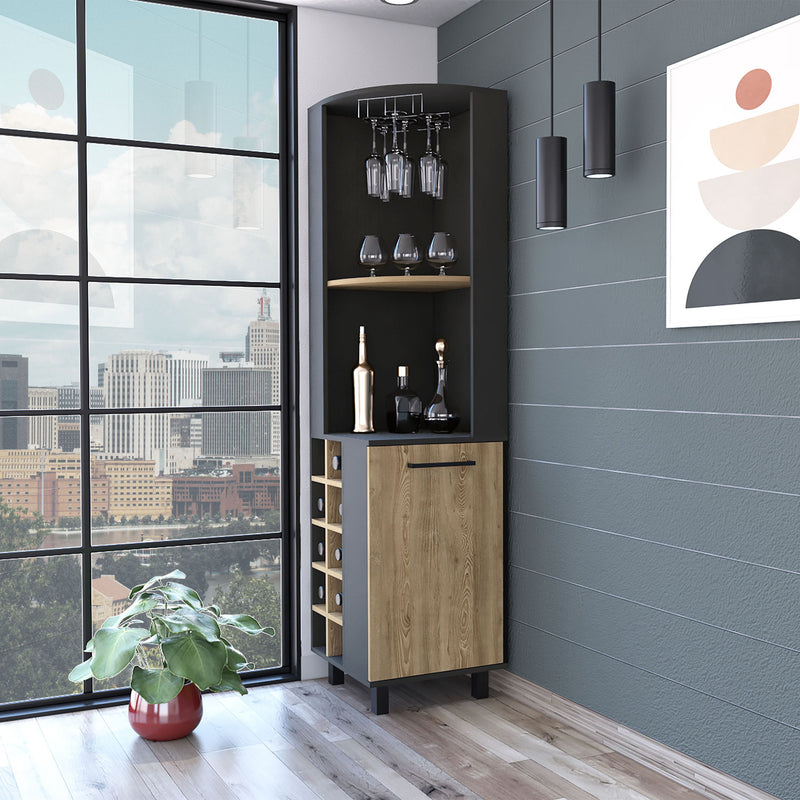 Wood Corner Bar Cabinet With Single Door - Black / Natural