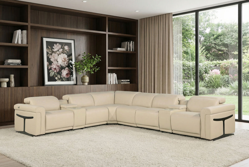 Italian Leather Modular L-Shaped Eight Piece Corner Sectional With Console - Beige