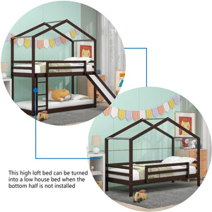 Twin Over Twin Bunk Bed with Roof, Slide and Ladder, Espresso