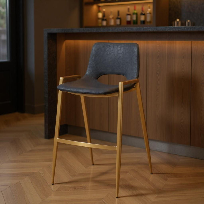 30" Faux Leather And Steel Low Back Bar Height Bar Chairs (Set of 2) - Black / Gold